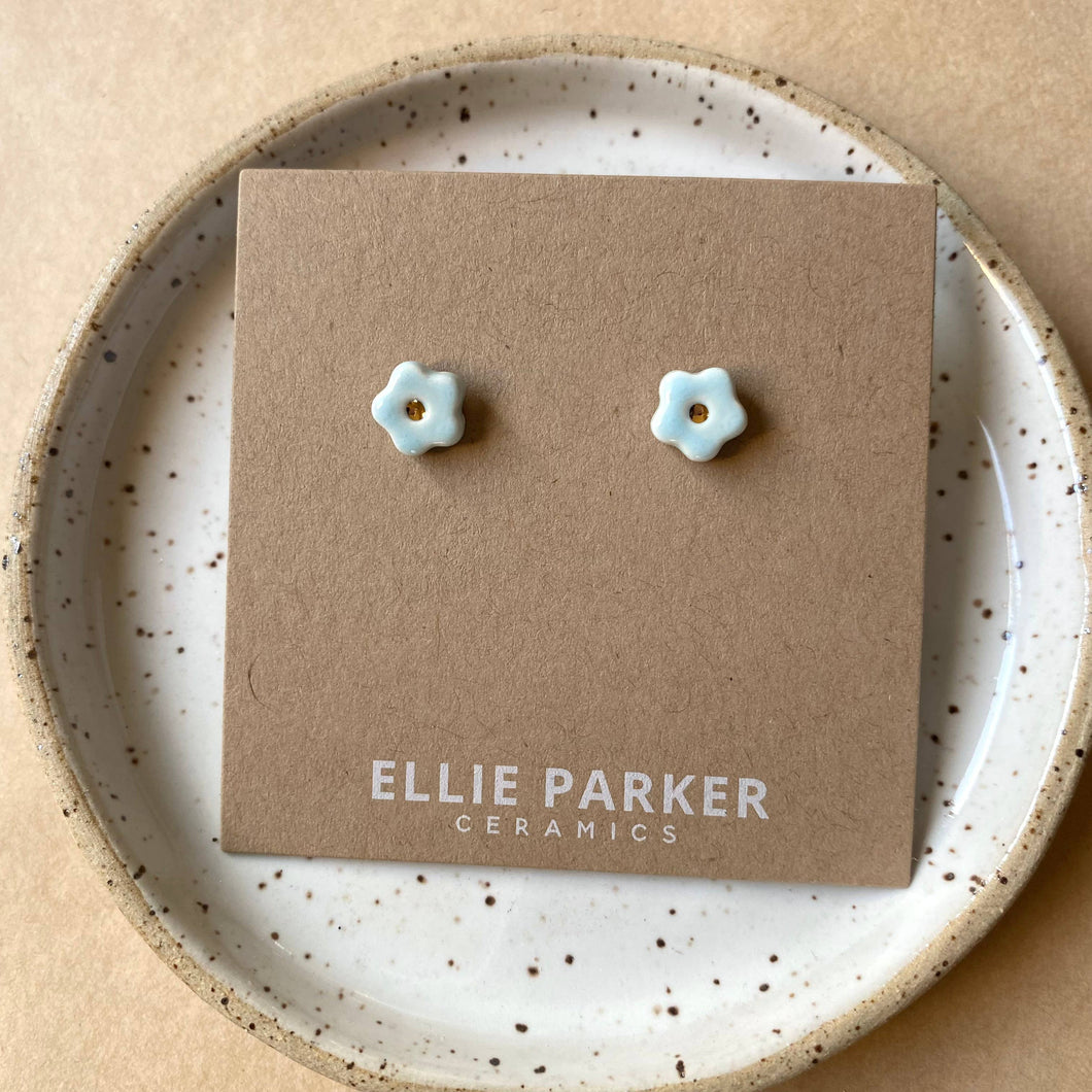 Flower Sky Blue Ceramic Gold Accent Stud Earring