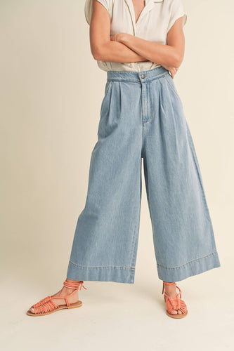 P3512 WIDE LEG WASHED DENIM CROP PANTS